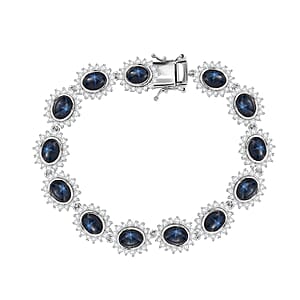 D'Joy Blue Star Sapphire (DF) and White Zircon 36.35 ctw Starburst Bracelet in Rhodium Over Sterling Silver (8.00 In)