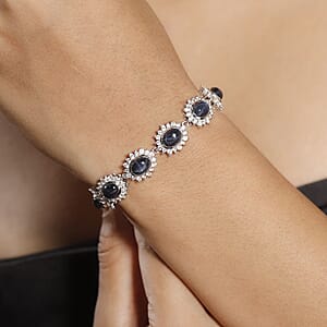 D'Joy Blue Star Sapphire (DF) and White Zircon 36.35 ctw Starburst Bracelet in Rhodium Over Sterling Silver (8.00 In)