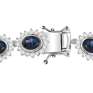 D'Joy Blue Star Sapphire (DF) and White Zircon 36.35 ctw Starburst Bracelet in Rhodium Over Sterling Silver (8.00 In)