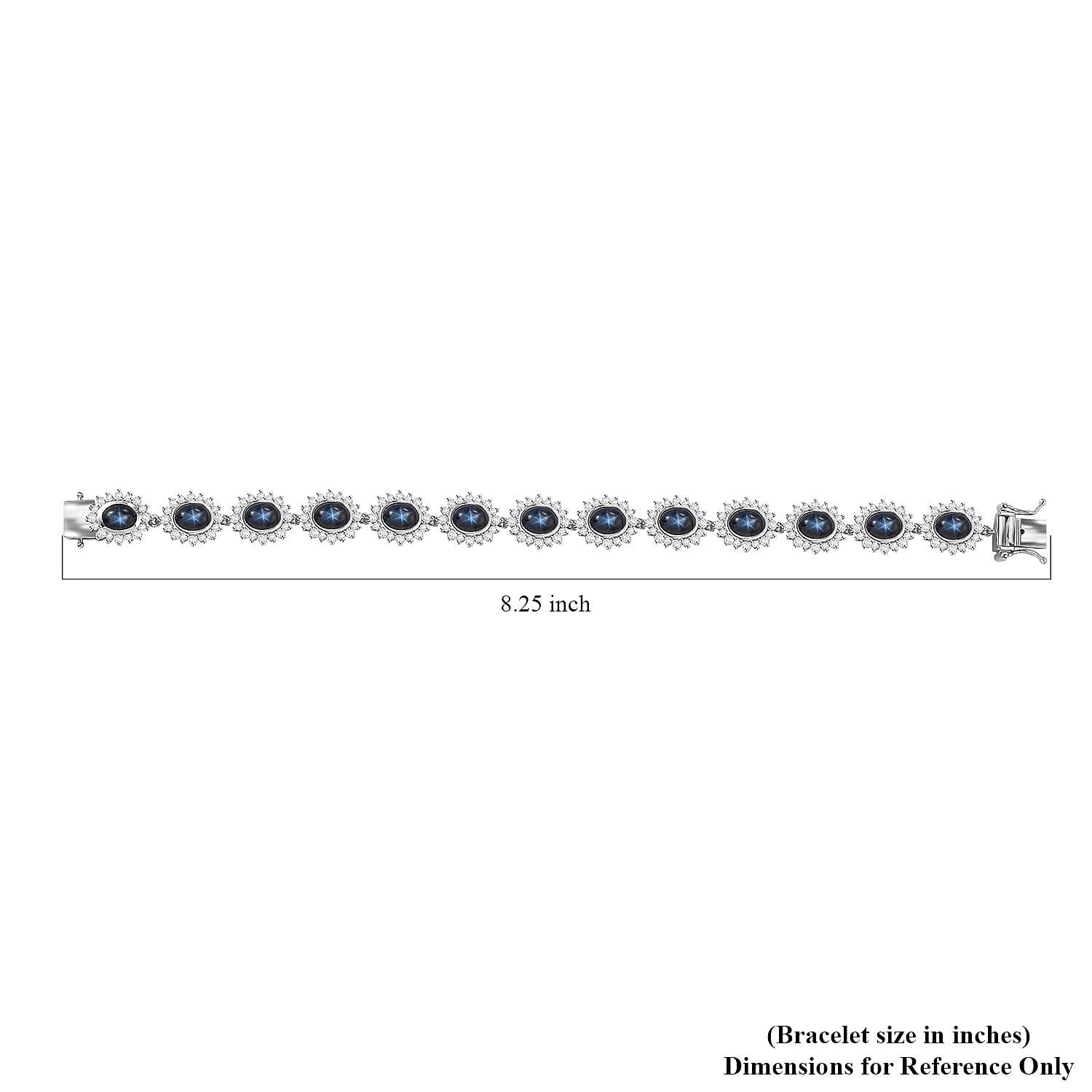 D'Joy Blue Star Sapphire (DF) and White Zircon 36.35 ctw Starburst Bracelet in Rhodium Over Sterling Silver (8.00 In)