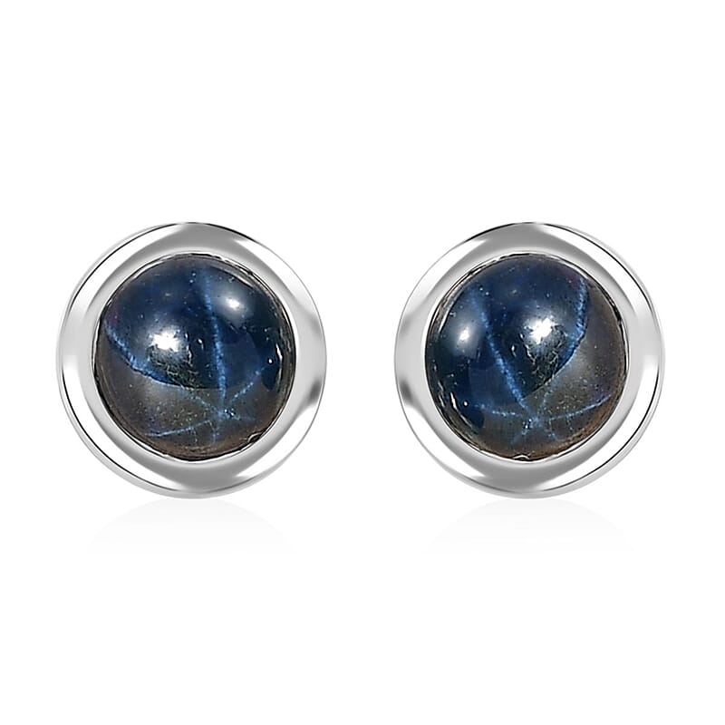 D'Joy Blue Star Sapphire (DF) 1.85 ctw Solitaire Stud Earrings in Rhodium Over Sterling Silver