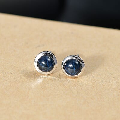D'Joy Blue Star Sapphire (DF) 1.85 ctw Solitaire Stud Earrings in Rhodium Over Sterling Silver