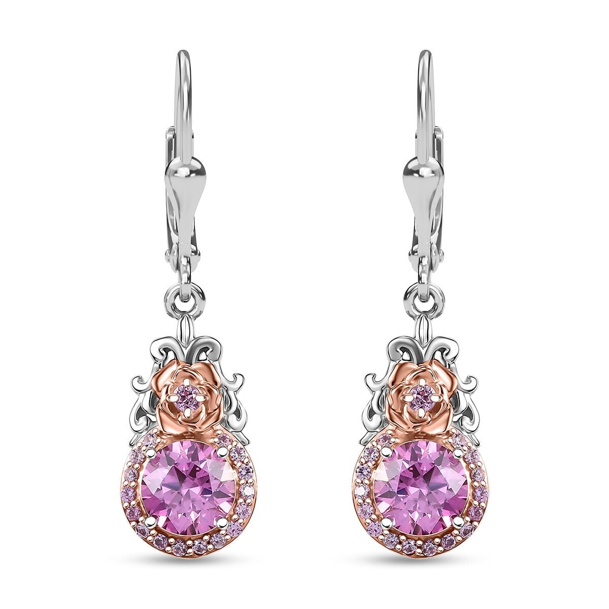 D'Joy Pink Moissanite and Pink Sapphire 3.00 ctw Blooming Rose Earrings in 18K Vermeil RG and Rhodium Over Sterling Silver image number 0