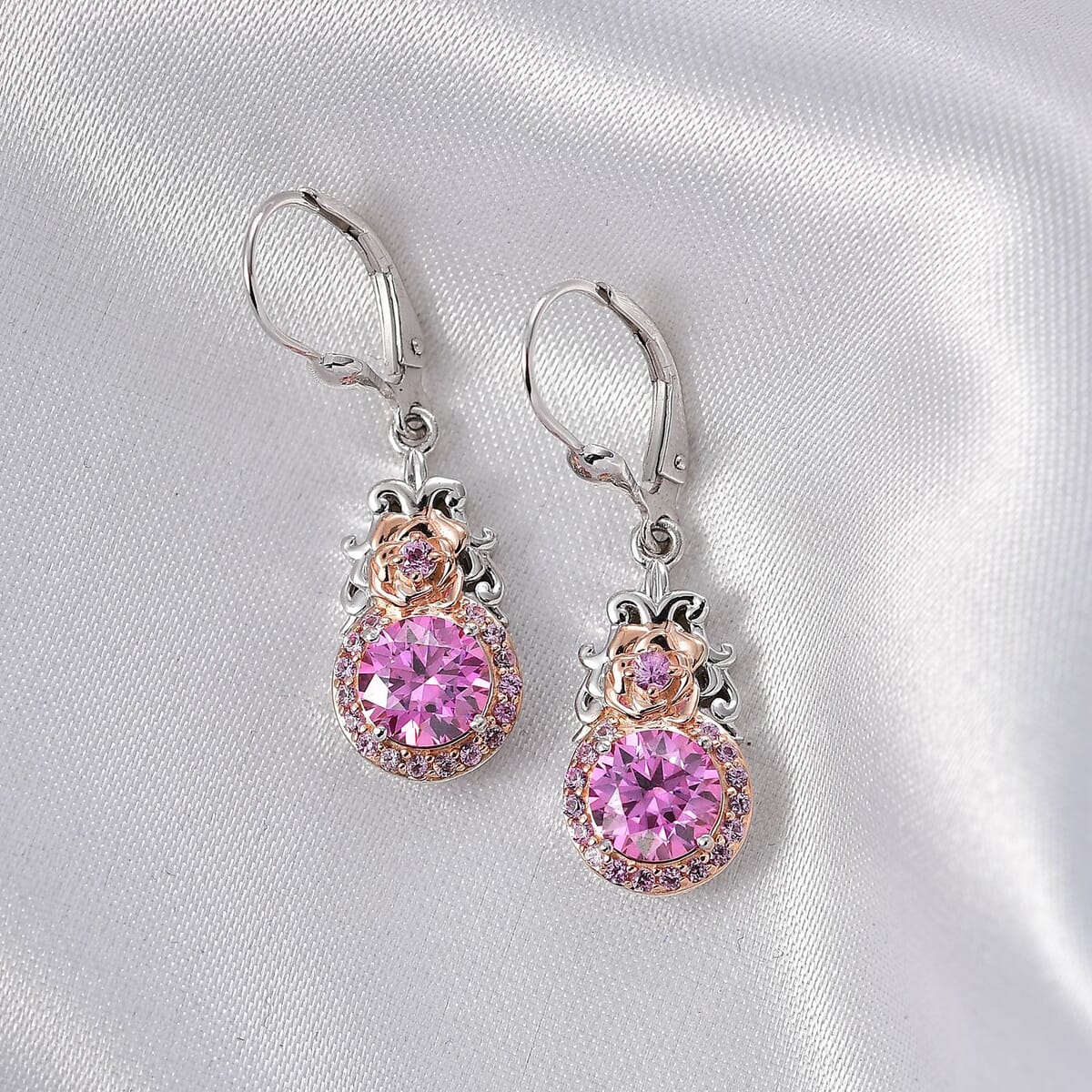 D'Joy Pink Moissanite and Pink Sapphire 3.00 ctw Blooming Rose Earrings in 18K Vermeil RG and Rhodium Over Sterling Silver image number 1
