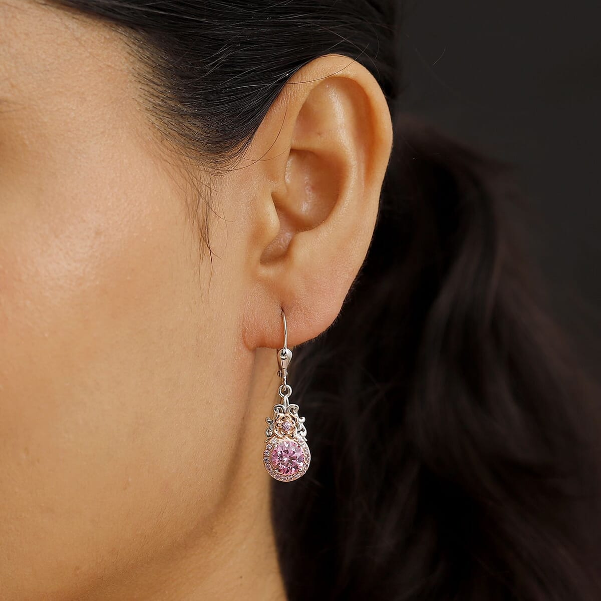 D'Joy Pink Moissanite and Pink Sapphire 3.00 ctw Blooming Rose Earrings in 18K Vermeil RG and Rhodium Over Sterling Silver image number 2