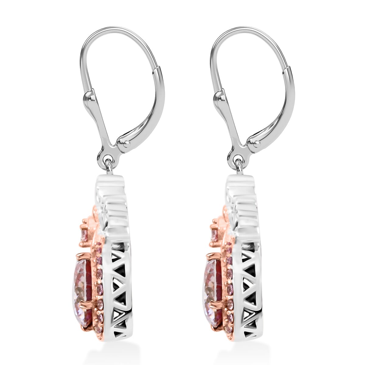 D'Joy Pink Moissanite and Pink Sapphire 3.00 ctw Blooming Rose Earrings in 18K Vermeil RG and Rhodium Over Sterling Silver image number 3