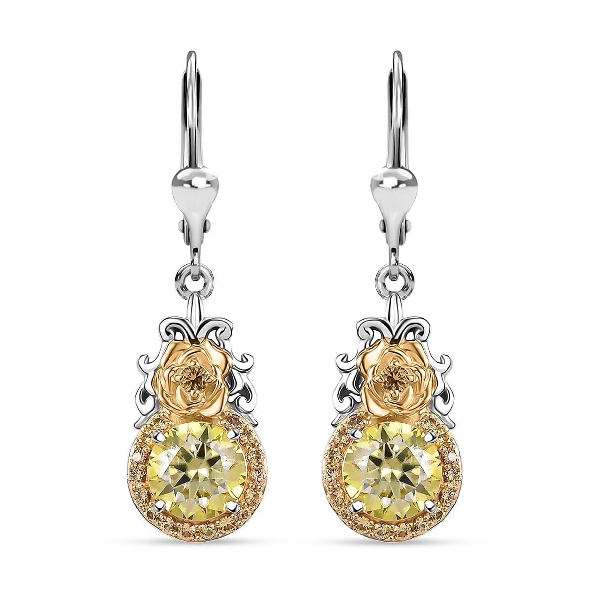 Yellow Moissanite and Yellow Sapphire 3.00 ctw Lever Back Earrings in 18K Vermeil YG and Rhodium Over Sterling Silver image number 0