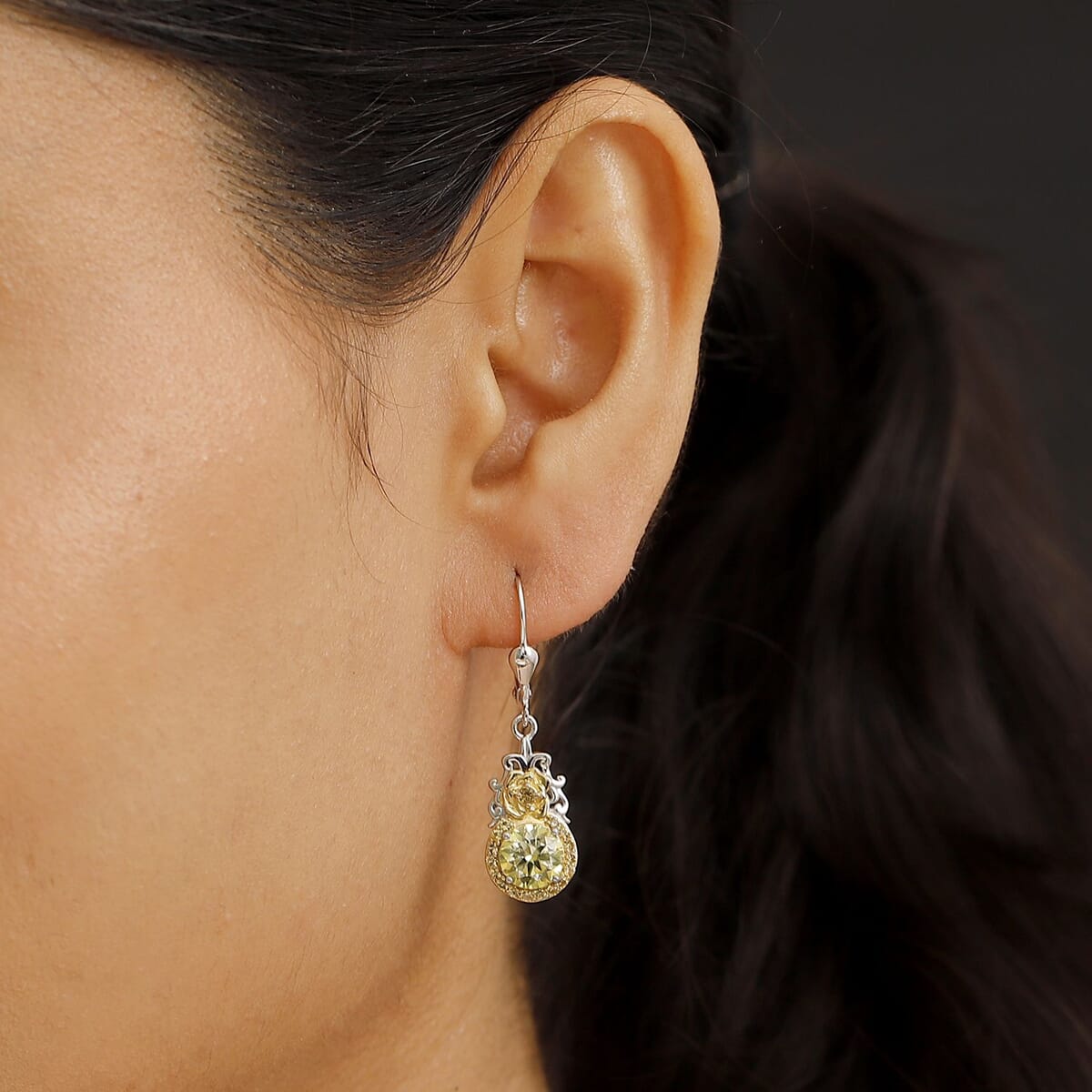 Yellow Moissanite and Yellow Sapphire 3.00 ctw Lever Back Earrings in 18K Vermeil YG and Rhodium Over Sterling Silver image number 2