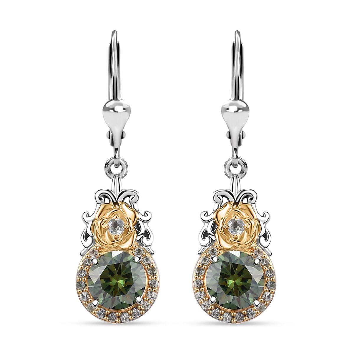 Green Moissanite and Green Sapphire 3.00 ctw Lever Back Earrings in 18K Vermeil YG and Rhodium Over Sterling Silver image number 0