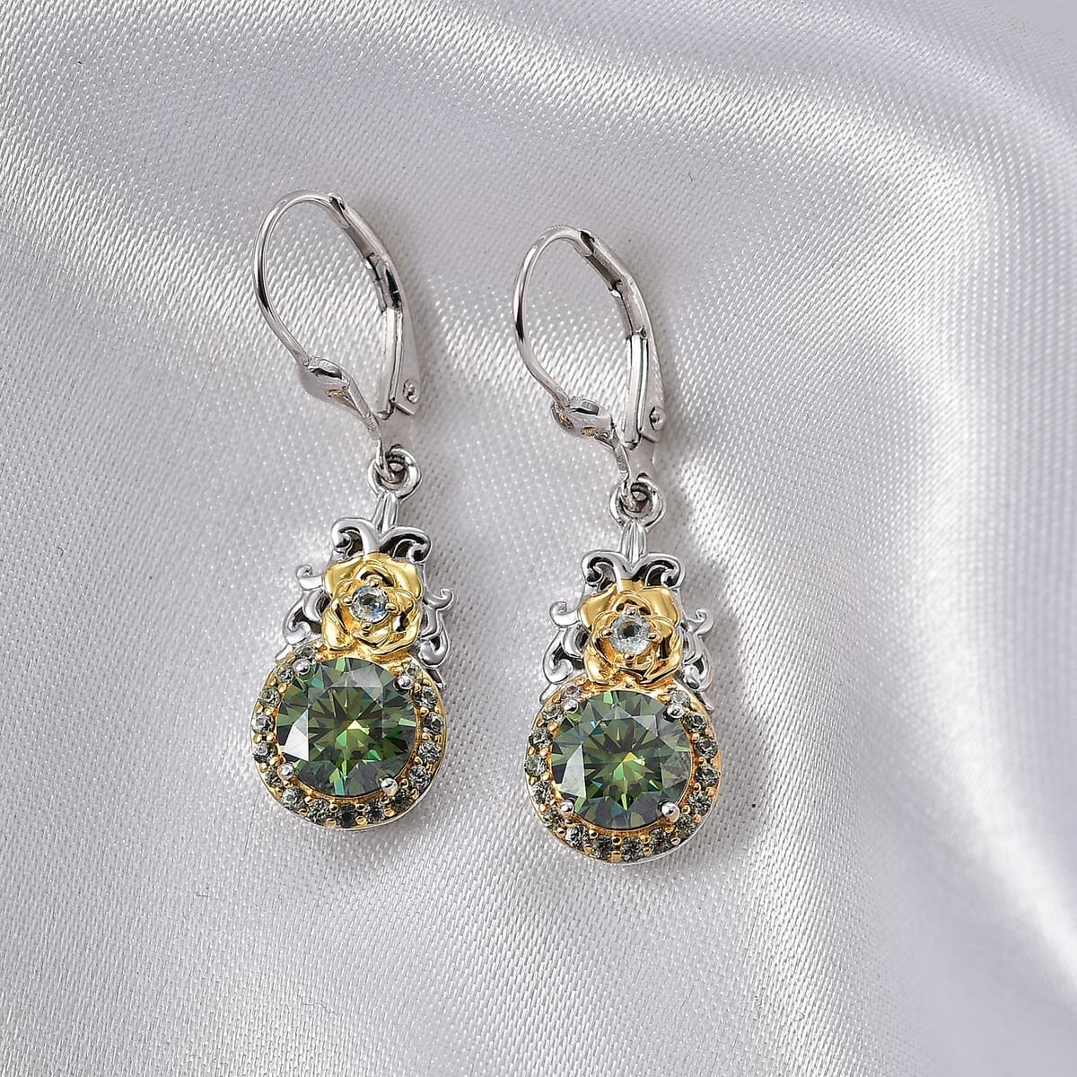 Green Moissanite and Green Sapphire 3.00 ctw Lever Back Earrings in 18K Vermeil YG and Rhodium Over Sterling Silver image number 1
