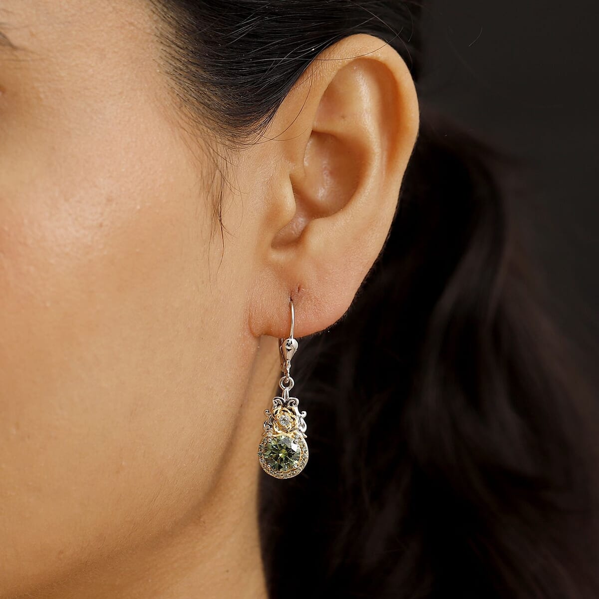 Green Moissanite and Green Sapphire 3.00 ctw Lever Back Earrings in 18K Vermeil YG and Rhodium Over Sterling Silver image number 2