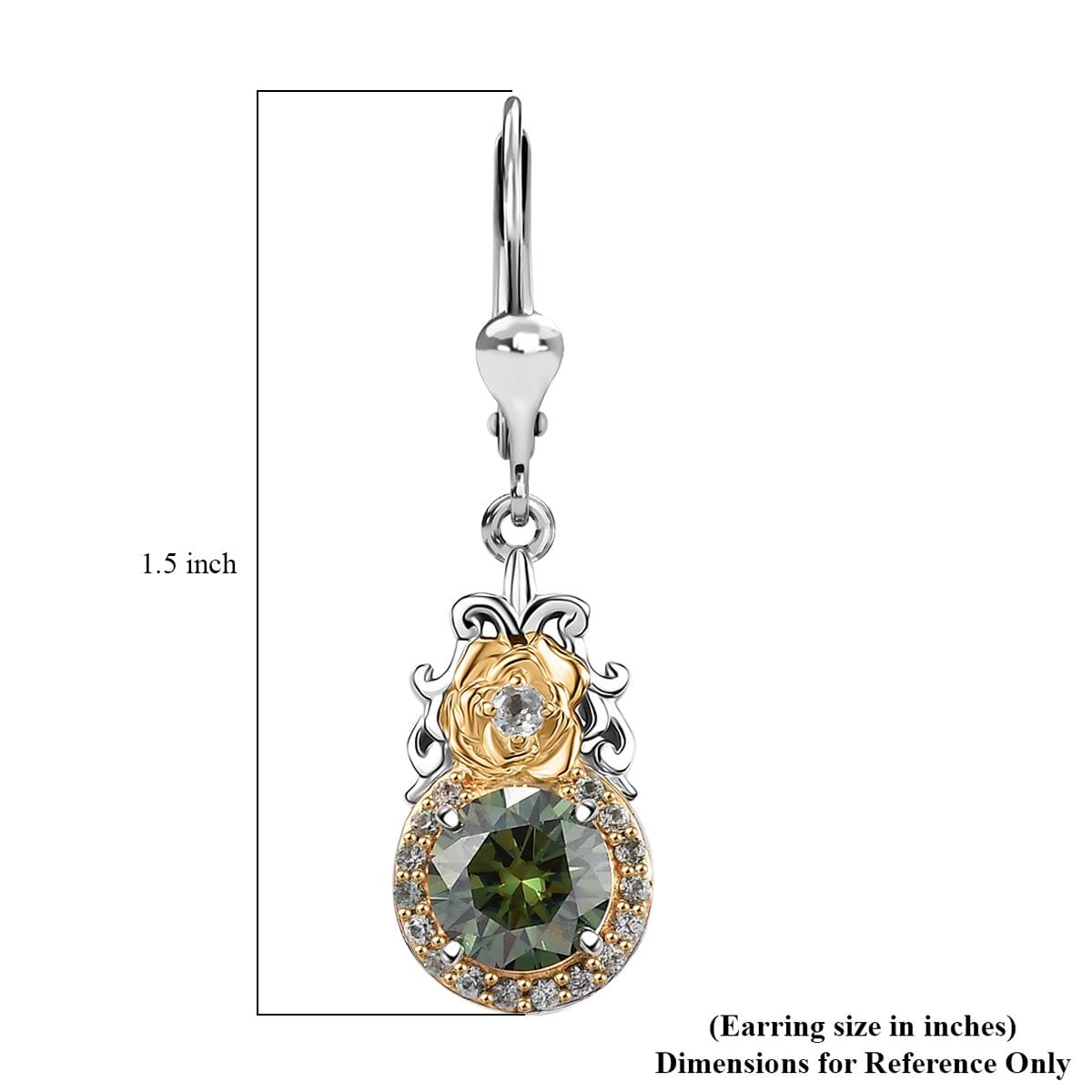 Green Moissanite and Green Sapphire 3.00 ctw Lever Back Earrings in 18K Vermeil YG and Rhodium Over Sterling Silver image number 4