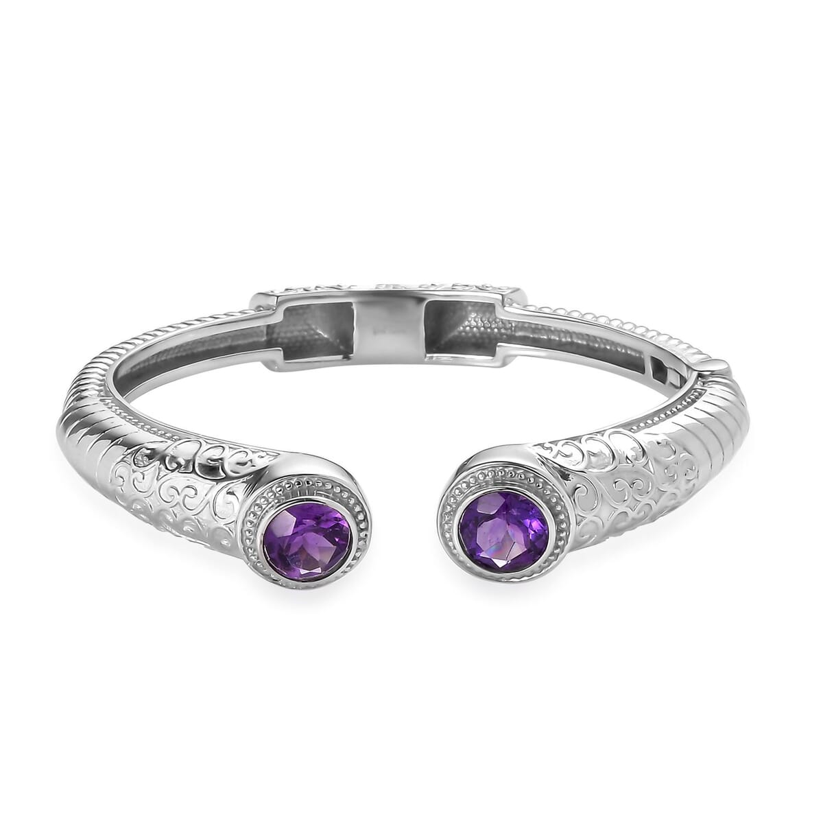 Premium African Amethyst 6.70 ctw Bangle Bracelet in Stainless Steel (7.25 In)  image number 0