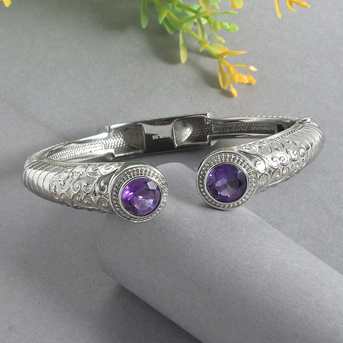 Premium African Amethyst 6.70 ctw Bangle Bracelet in Stainless Steel (7.25 In)  image number 1