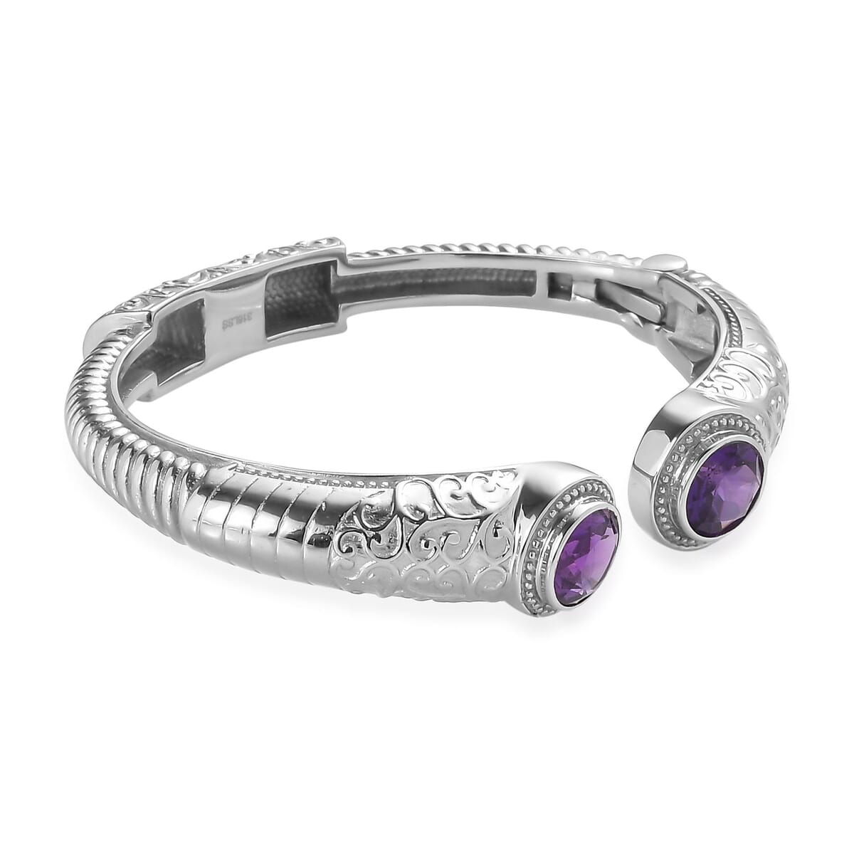 Premium African Amethyst 6.70 ctw Bangle Bracelet in Stainless Steel (7.25 In)  image number 3