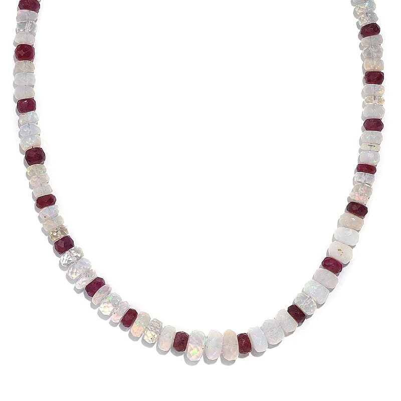 Niassa Ruby (FF) and Ethiopian Welo Opal 65.00 ctw Beaded Necklace in Rhodium Over Sterling Silver 18 Inches