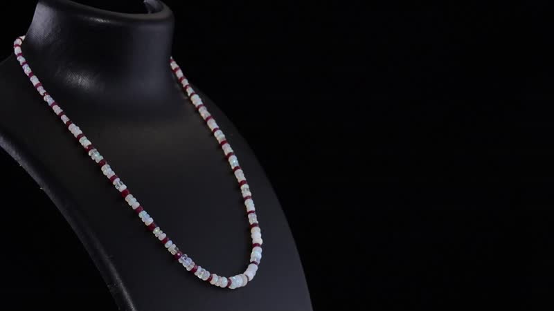 Niassa Ruby (FF) and Ethiopian Welo Opal 65.00 ctw Beaded Necklace in Rhodium Over Sterling Silver 18 Inches