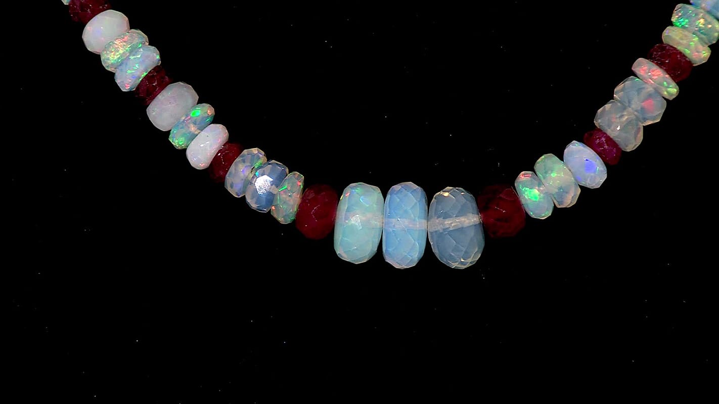 Niassa Ruby (FF) and Ethiopian Welo Opal 65.00 ctw Beaded Necklace in Rhodium Over Sterling Silver 18 Inches