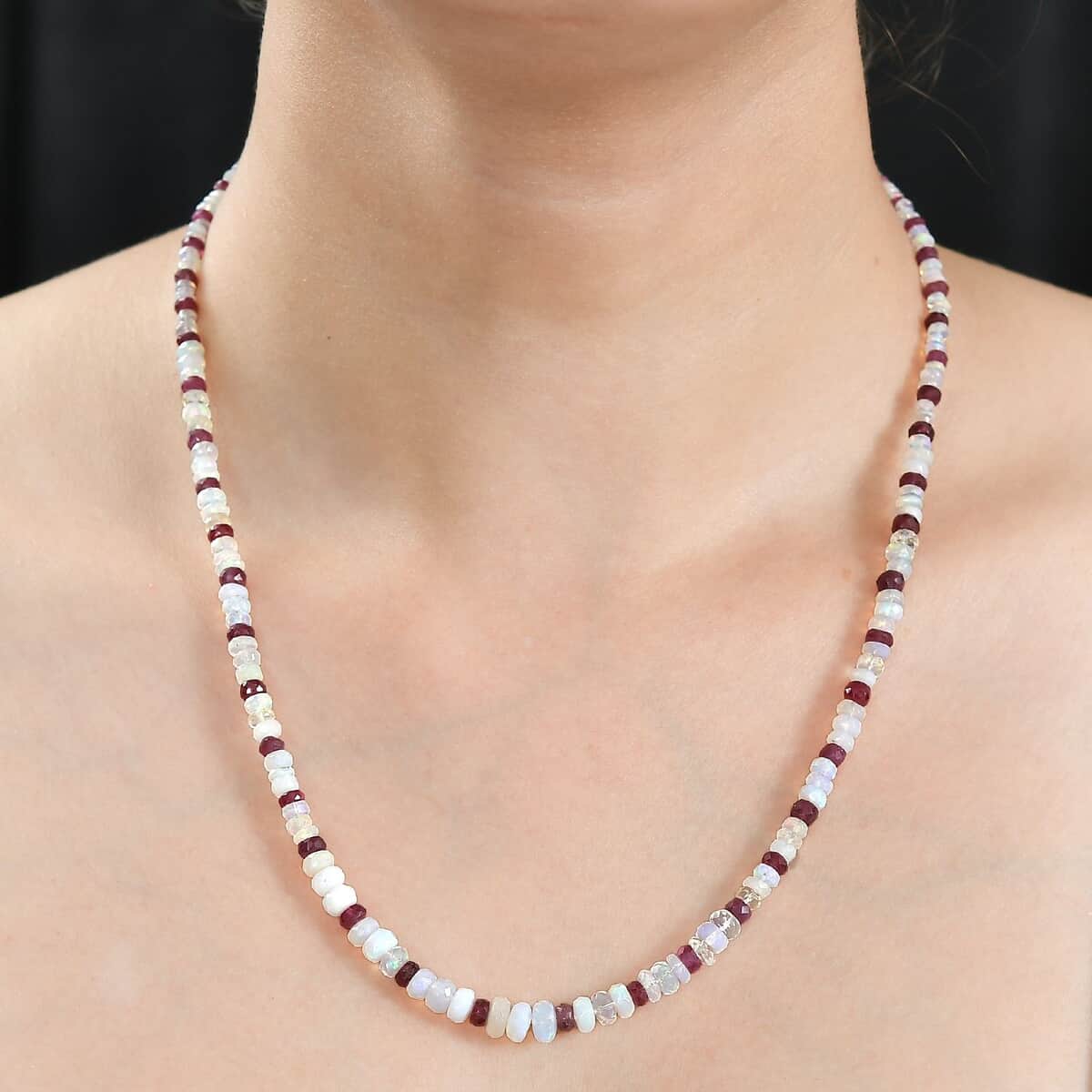 Niassa Ruby (FF) and Ethiopian Welo Opal 65.00 ctw Beaded Necklace in Rhodium Over Sterling Silver 18 Inches image number 2