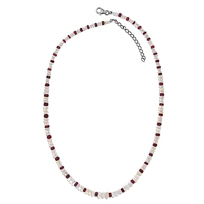 Niassa Ruby (FF) and Ethiopian Welo Opal 65.00 ctw Beaded Necklace in Rhodium Over Sterling Silver 18 Inches
