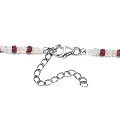 Niassa Ruby (FF) and Ethiopian Welo Opal 65.00 ctw Beaded Necklace in Rhodium Over Sterling Silver 18 Inches