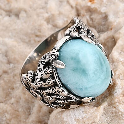 Bali Legacy Natural Green Larimar 11.00 ctw Ocean Plant Ring in Sterling Silver (Size 10.0) 