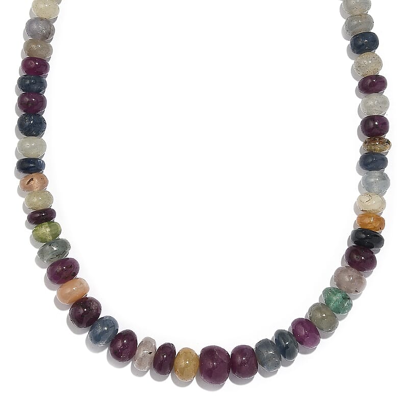 Multi Sapphire Beaded 176.00 ctw Necklace 18 Inches in Rhodium Over Sterling Silver