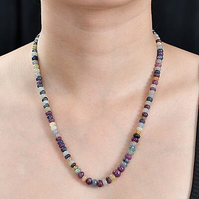 Multi Sapphire Beaded 176.00 ctw Necklace 18 Inches in Rhodium Over Sterling Silver