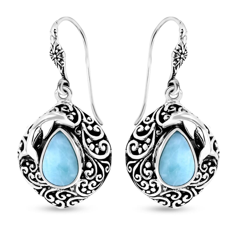 Bali Legacy Natural Green Larimar 7.50 ctw Dolphin Earrings in Sterling Silver 