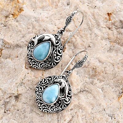 Bali Legacy Natural Green Larimar 7.50 ctw Dolphin Earrings in Sterling Silver 