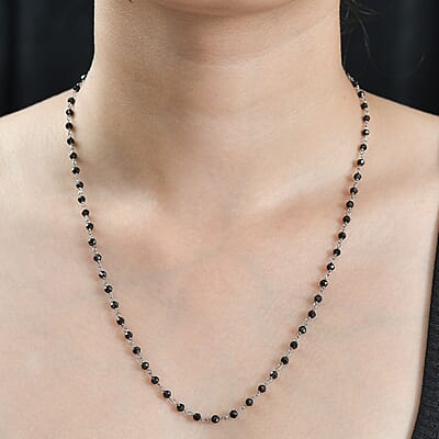 Thai Black Spinel Beaded 20.00 ctw Necklace 20 Inches in Rhodium Over Sterling Silver 