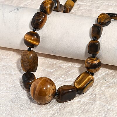 Karis Tigers Eye and Thai Black Spinel 410.00 ctw Necklace 20 Inches in Platinum Bond