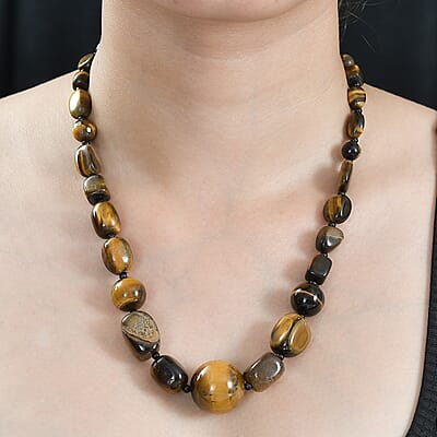 Karis Tigers Eye and Thai Black Spinel 410.00 ctw Necklace 20 Inches in Platinum Bond