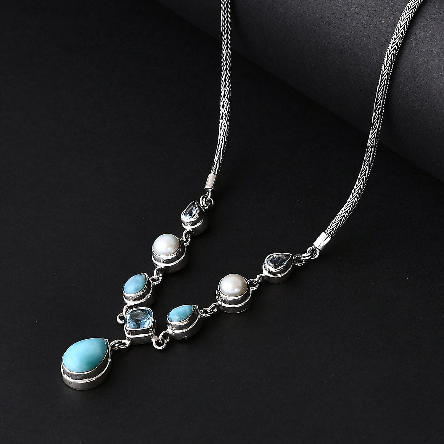 Bali Legacy Natural Green Larimar and Multi Gemstone 12.80 ctw Necklace in Sterling Silver 20 Inches