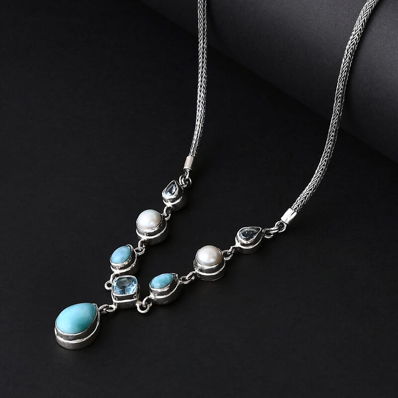 Bali Legacy Natural Green Larimar and Multi Gemstone 12.80 ctw Necklace in Sterling Silver 20 Inches