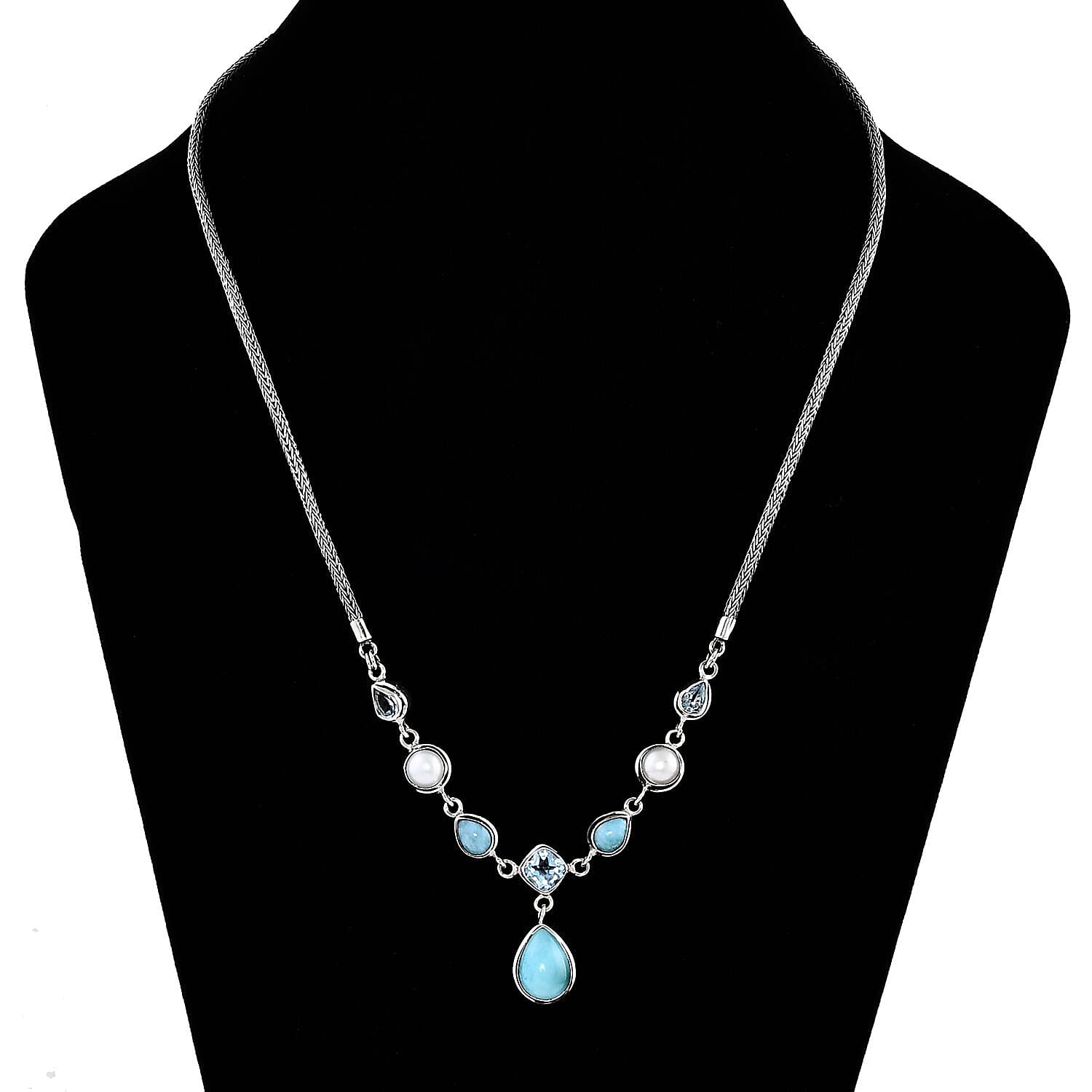 Bali Legacy Natural Green Larimar and Multi Gemstone 12.80 ctw Necklace in Sterling Silver 20 Inches