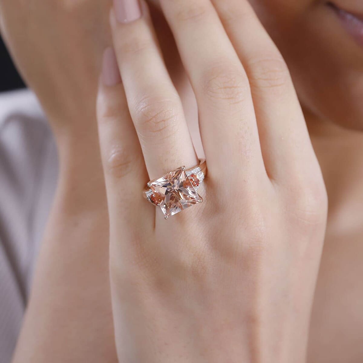 Luxoro AAA Marropino Morganite, Padparadscha Sapphire (BT) and G-H I2 Diamond 8.75 ctw Lotus Ring in 14K Rose Gold (Size 10.5) image number 2