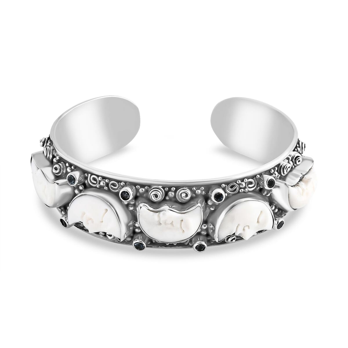 Bali Legacy Carved Bone and Blue Topaz 1.20 ctw Bangle Bracelet in Sterling Silver (8.00In) image number 0