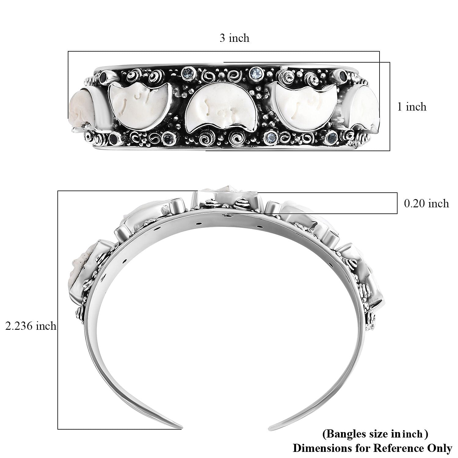 Bali Legacy Carved Bone and Blue Topaz 1.20 ctw Moon Cuff Bracelet in Sterling Silver (8.00In)