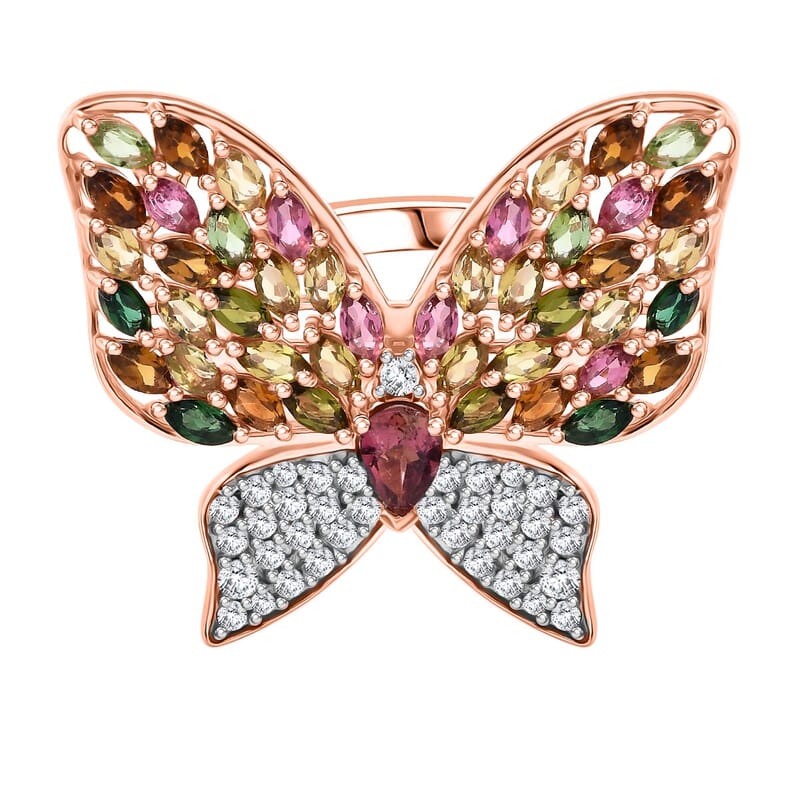 Multi Tourmaline, Multi Gemstone 5.22 ctw Ring in 18K Vermeil Rose Gold Over Sterling Silver (Size 8.0)