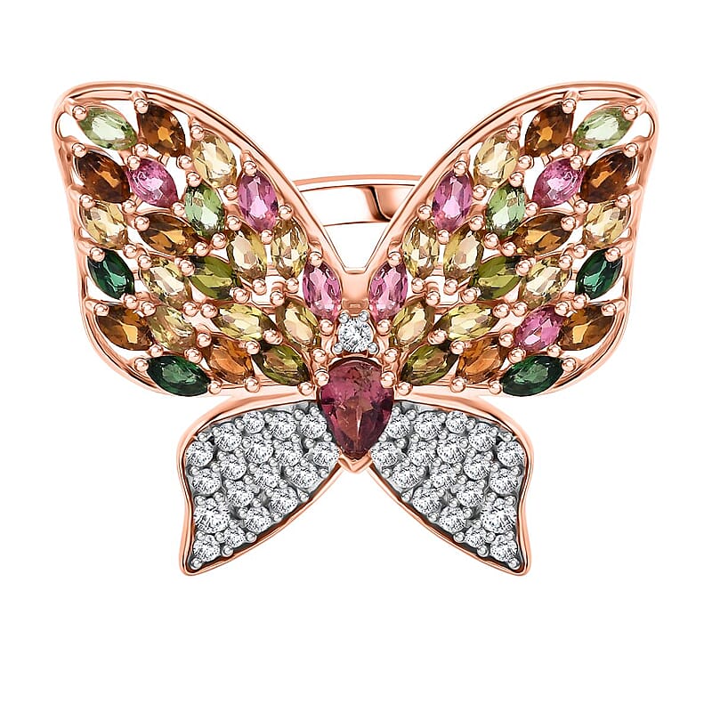 Multi Tourmaline, Multi Gemstone 5.22 ctw Ring in 18K Vermeil Rose Gold Over Sterling Silver (Size 8.0)