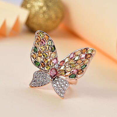 Multi Tourmaline, Multi Gemstone 5.22 ctw Ring in 18K Vermeil Rose Gold Over Sterling Silver (Size 8.0)