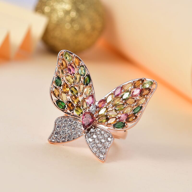 Multi Tourmaline, Multi Gemstone 5.22 ctw Ring in 18K Vermeil Rose Gold Over Sterling Silver (Size 8.0)