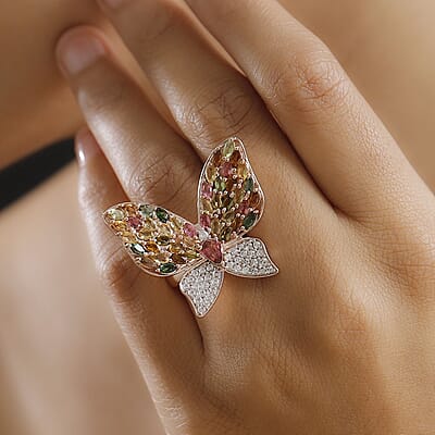 Multi Tourmaline, Multi Gemstone 5.22 ctw Ring in 18K Vermeil Rose Gold Over Sterling Silver (Size 8.0)