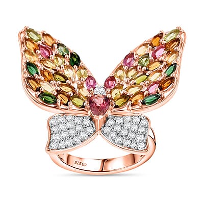 Multi Tourmaline, Multi Gemstone 5.22 ctw Ring in 18K Vermeil Rose Gold Over Sterling Silver (Size 8.0)