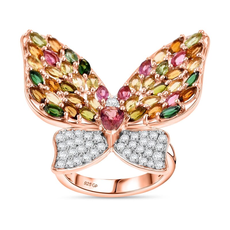 Multi Tourmaline, Multi Gemstone 5.22 ctw Ring in 18K Vermeil Rose Gold Over Sterling Silver (Size 8.0)