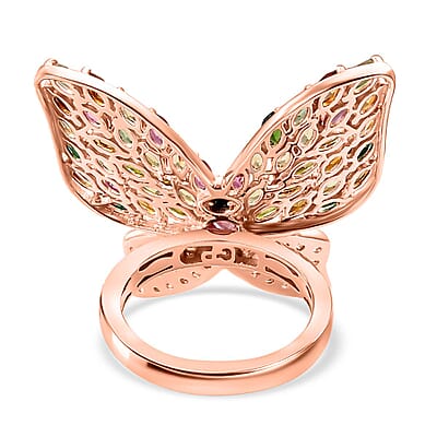 Multi Tourmaline, Multi Gemstone 5.22 ctw Ring in 18K Vermeil Rose Gold Over Sterling Silver (Size 8.0)