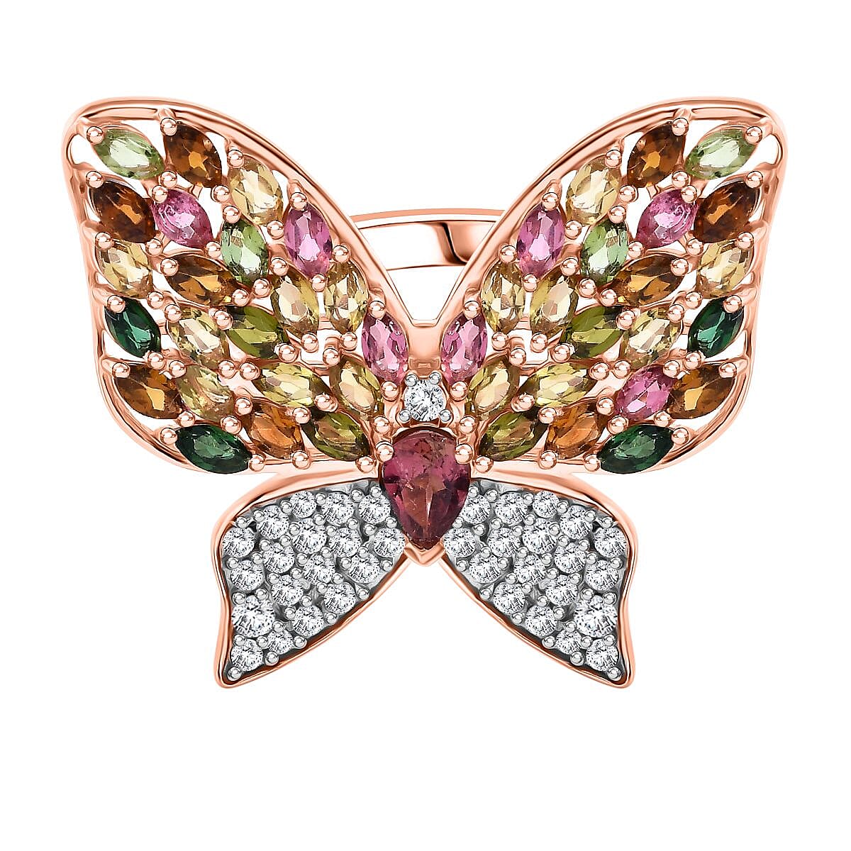 GP Multi Tourmaline and White Zircon 5.22 ctw Ring in 18K Vermeil Rose Gold Over Sterling Silver (Size 9.0)