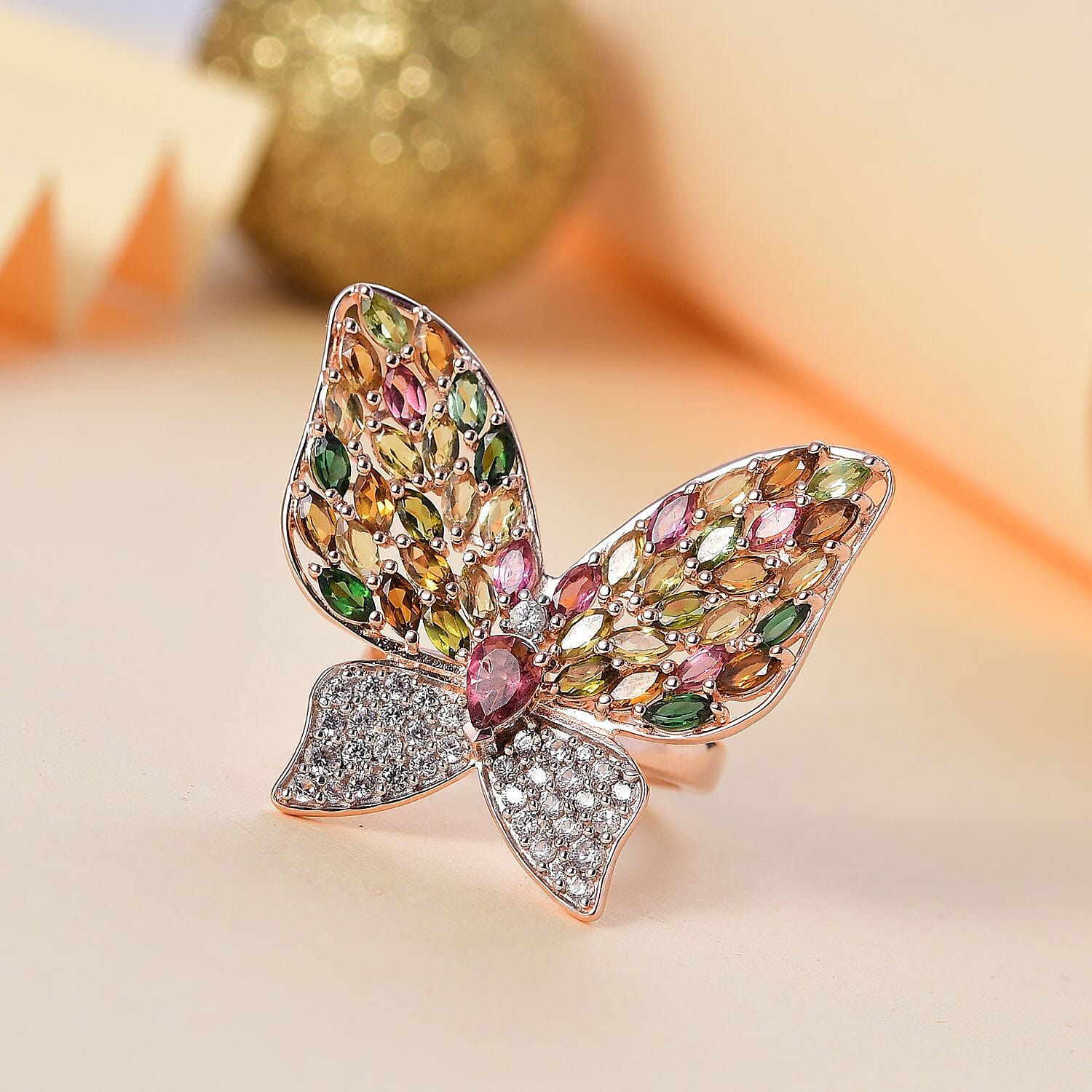 GP Multi Tourmaline and White Zircon 5.22 ctw Ring in 18K Vermeil Rose Gold Over Sterling Silver (Size 9.0)