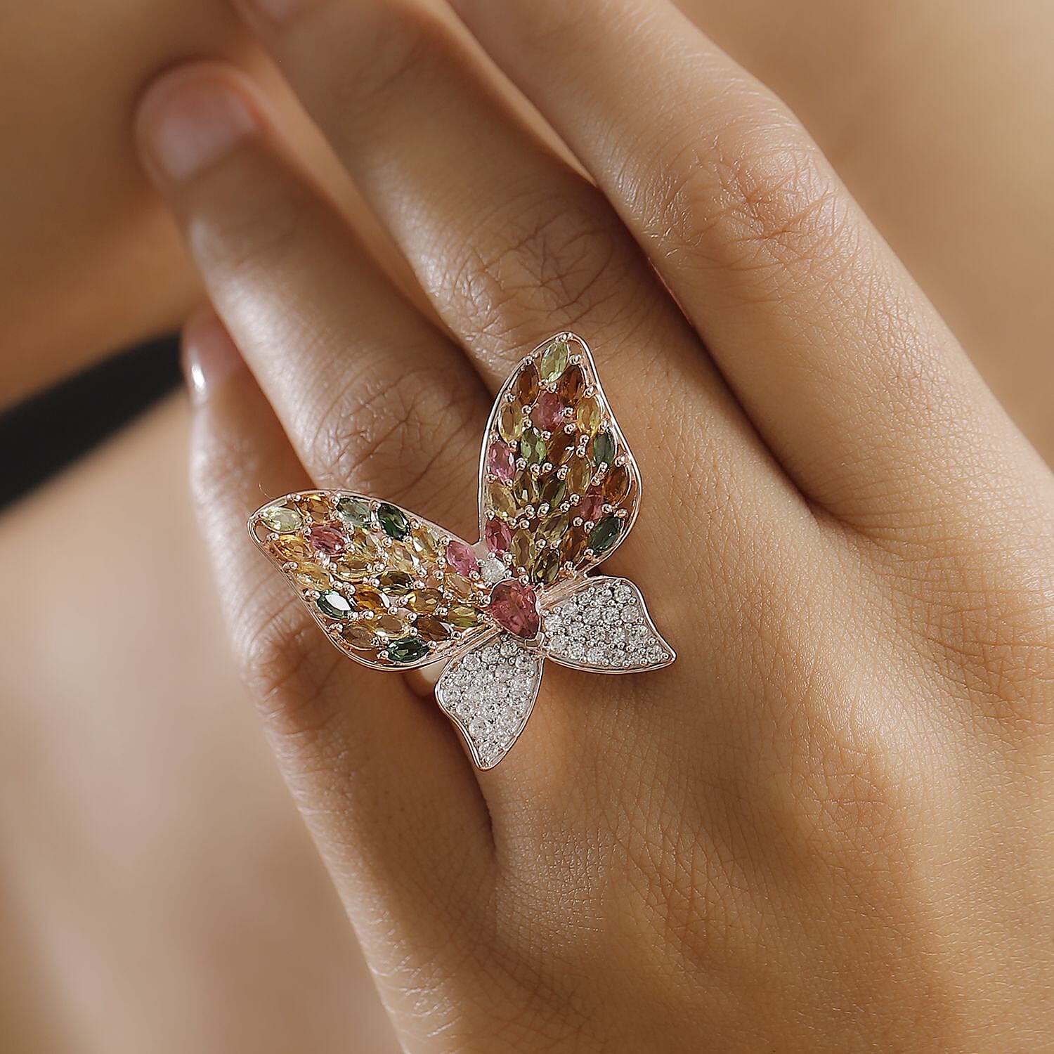 GP Multi Tourmaline and White Zircon 5.22 ctw Ring in 18K Vermeil Rose Gold Over Sterling Silver (Size 9.0)